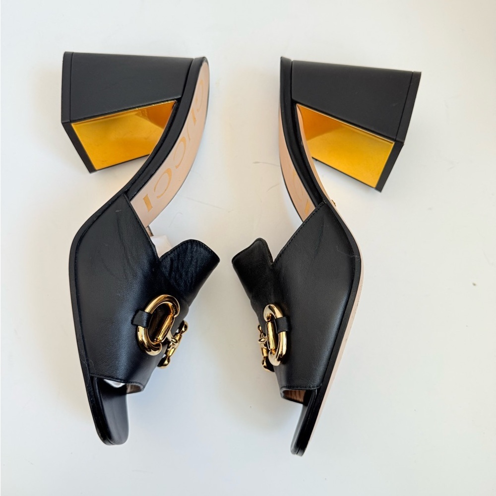 Gucci Black leather Baby Horsebit block heel 70mm open toe mules EU 40 - Picture 4 of 12